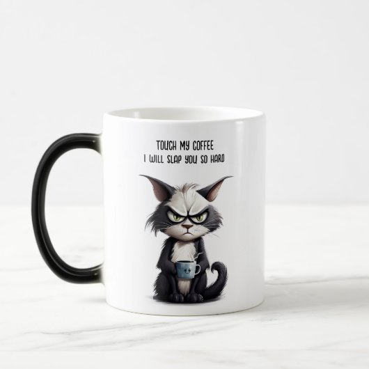 Knorrige kat met kopje koffie magische mok (Links)