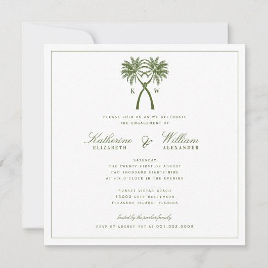 Knoted Palm Trees Monogram Beach Engagement Party Kaart (Voorkant)