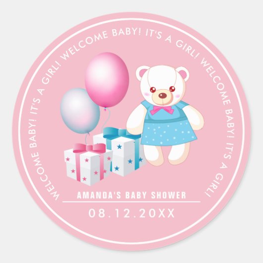 Knuffel Beer | Baby Meisje Baby shower Favor Stick Ronde Sticker (Voorkant)