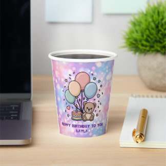 Knuffel Beer en Ballonnen Pastel Glans Papieren Bekers