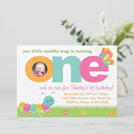 Knuffel Bug 1e verjaardag uitnodiging 5x7 fotokaar (Staand voorkant)