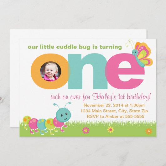 Knuffel Bug 1e verjaardag uitnodiging 5x7 fotokaar (Voorkant / Achterkant)
