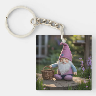 Knuffel Dwerg Beeldje met Gevlochten Mand in Zomer Sleutelhanger
