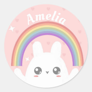 Knuffel Kawaii Konijn en Regenboog Persoonlijk Ronde Sticker