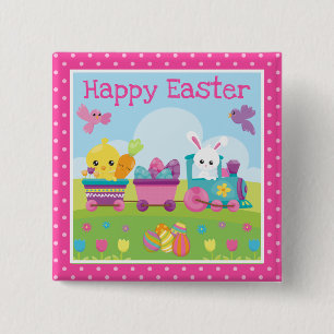 Knuffel Konijn, Kuiken & Chocolade Eieren Trein Pa Vierkante Button 5,1 Cm