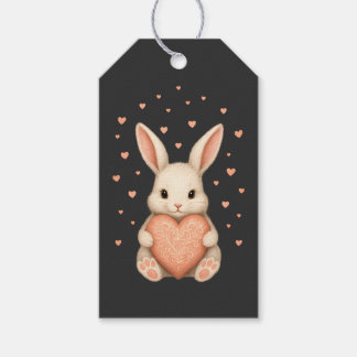 Knuffel Konijn met Hart op Donkere Houtskool Cadeaulabel