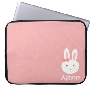 Knuffel Konijn op Roze Stippen en Vierkant Patroon Laptop Sleeve