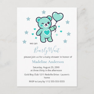 Knuffel Teddybeer Hart Blauw Babyshower Uitnodigin Briefkaart