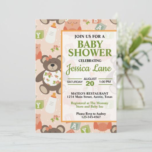 Knuffelbeer Babyshower Uitnodiging voor Meisje (Staand voorkant)