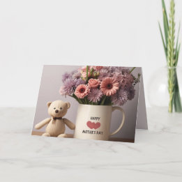 Knuffelbeer, Bloemen & Koffiemok Moederdagkaart Feestdagen Kaart