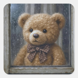 Knuffelbeer die uit een regenachtig raam staart vierkante sticker