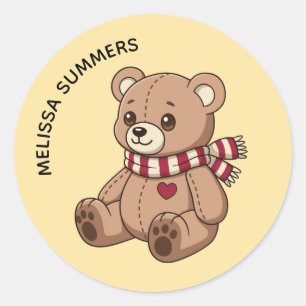 Knuffelbeer met gestreepte sjaal en naam geel ronde sticker