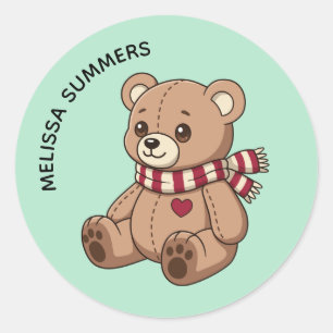 Knuffelbeer met gestreepte sjaal en naam Groen Ronde Sticker