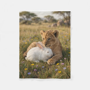 Knuffeldekent met lief lion jong en konijn in de n fleece deken