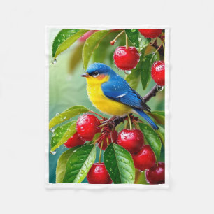 Knuffeldekent met lief vogeltje en kersen fleece deken