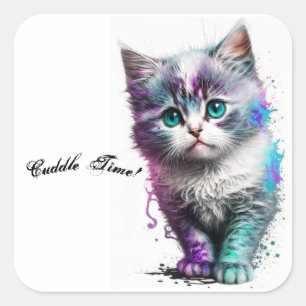 Knuffelend Blue-Eyed Kitten Sticker, Waterverf Art Vierkante Sticker