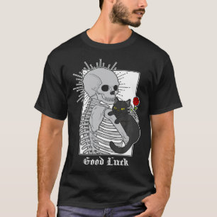 Knuffelende Kat Bloemen Skelet Zwarte Kat T-shirt