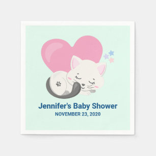 Knuffelig Witte Kittige Kat Slapende Baby Shower Servet