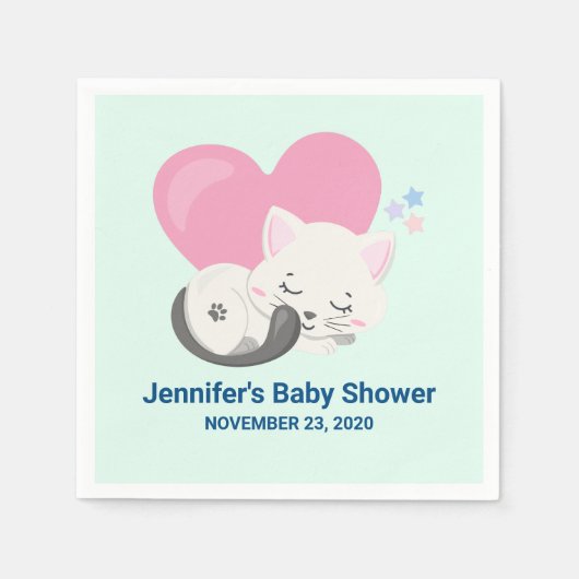 Knuffelig Witte Kittige Kat Slapende Baby Shower Servet (Voorkant)