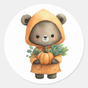 Knuffelige Beerwelp met Pompoen Waterverf Dier Ronde Sticker