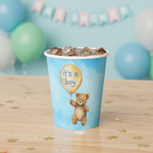 Knuffelige teddybeer met zwevende ballon baby show papieren bekers