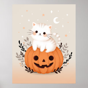Knuffelkitten zittend op pompoen moderne Halloween Poster