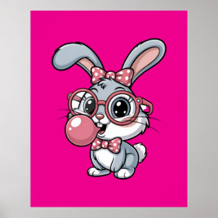 Knuffelkonijn met bril die bubbelgom blaast poster