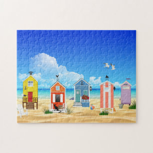 Knuffels in een kleurrijke lijn op het strand legpuzzel
