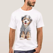 Knuffig puppy in een knus grijs gebreid truitje