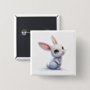 Knuffig Witte Konijn met Grote Blauwe Ogen Vierkante Button 5,1 Cm