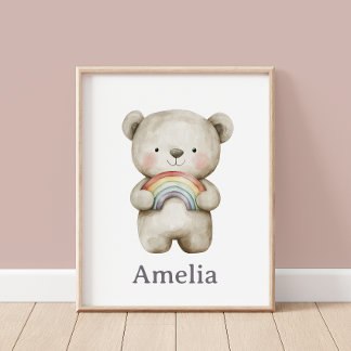 Knuffige Beer met Boho Regenboog Baby Naam Poster