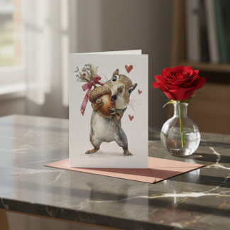 Knuffige Eekhoorn Valentijnkaart met Eikel en Hart Feestdagen Kaart
