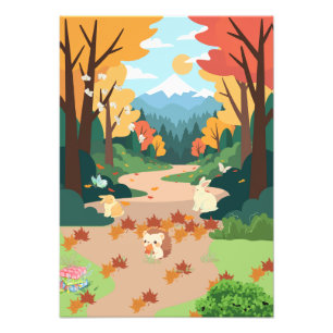 Knuffige herfstbosdieren knus landschapskunstposte foto afdruk