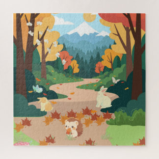Knuffige herfstbosdieren knus landschapskunstposte legpuzzel