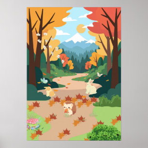 Knuffige herfstbosdieren knus landschapskunstposte poster