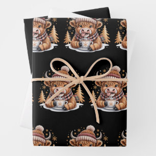 Knuffige Highland Koe Kerstbomen Warme Chocolade K Inpakpapier Vel