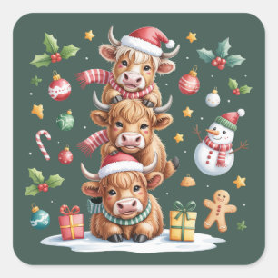 Knuffige Highland Koe Kerstbomen Warme Chocolade K Vierkante Sticker