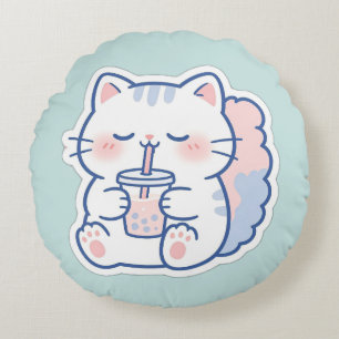 Knuffige Kawaii Boba Kat Bubble Tea Ronde Worp Kus Rond Kussen