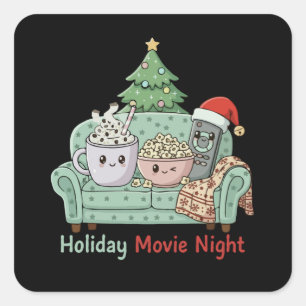 Knuffige Kawaii Kerstfilm Nacht Knuselijke Feest Vierkante Sticker