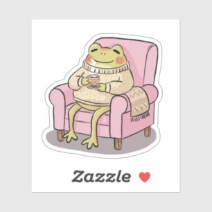 Knuffige kikker drinkt thee op bank illustratie sticker