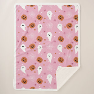 Knuffige Roze Halloween Geest & Pompoen Worpdeken Sherpa Deken