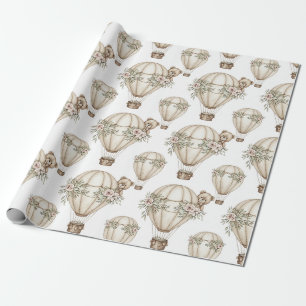 Knuffige teddybeer-hete-luchtballon Neutraal patro Cadeaupapier