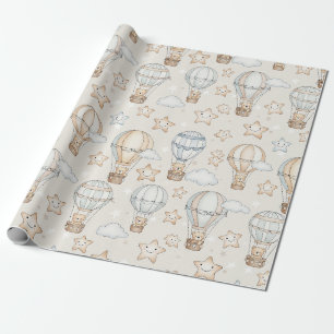 Knuffige teddybeer-hete-luchtballon Neutraal patro Cadeaupapier