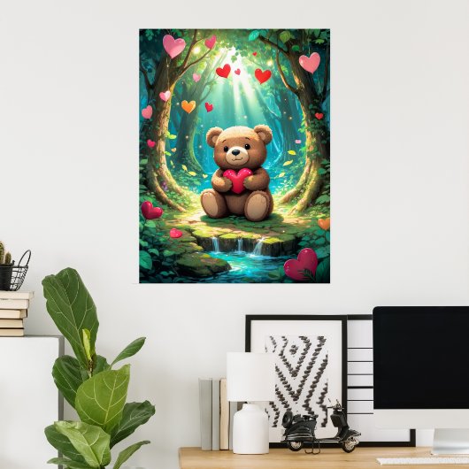 Knuffige teddybeer met hart in bos poster (Thuiskantoor)