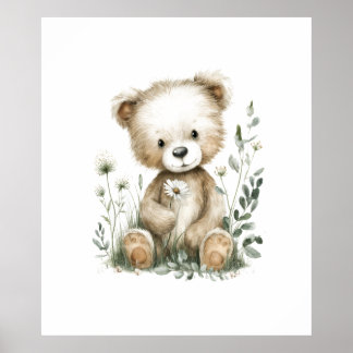 Knuffige teddybeer met wilde bloemen in watercolor poster
