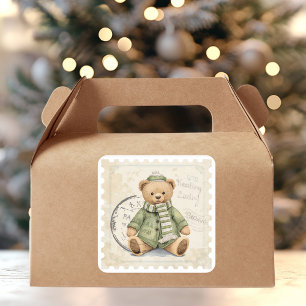 Knuffige winterteddybeer in groene jas vintage vierkante sticker