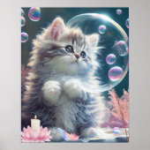 Knuffige Witte Kat speelt met Bubbles Kunst Nurser Poster (Voorkant)