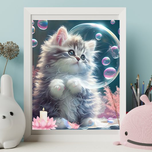 Knuffige Witte Kat speelt met Bubbles Kunst Nurser Poster