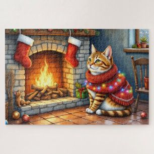 Knus Abyssijnse kat bij open haard Kerstverlichtin Legpuzzel