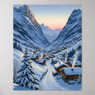 Knus Alpendorp Dageraad Besneeuwd Bergdal Poster